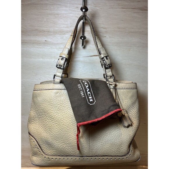 Coach Hampton Pebbled Leather Tassel Satchel Handbag Purse tote Beige 5055 - Picture 1 of 16